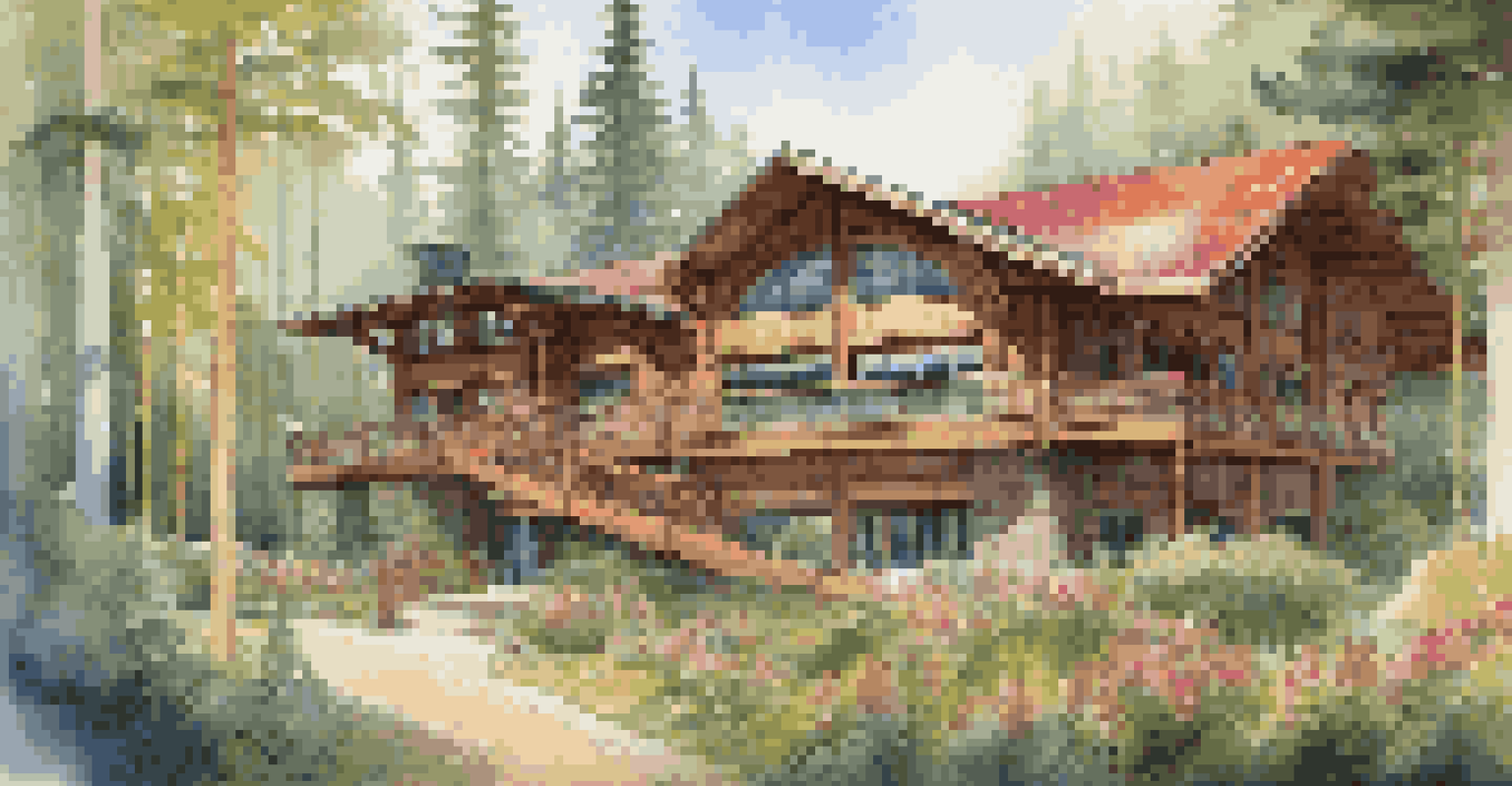 An eco-friendly hotel surrounded by trees and flowers, showcasing wooden architecture and solar panels.