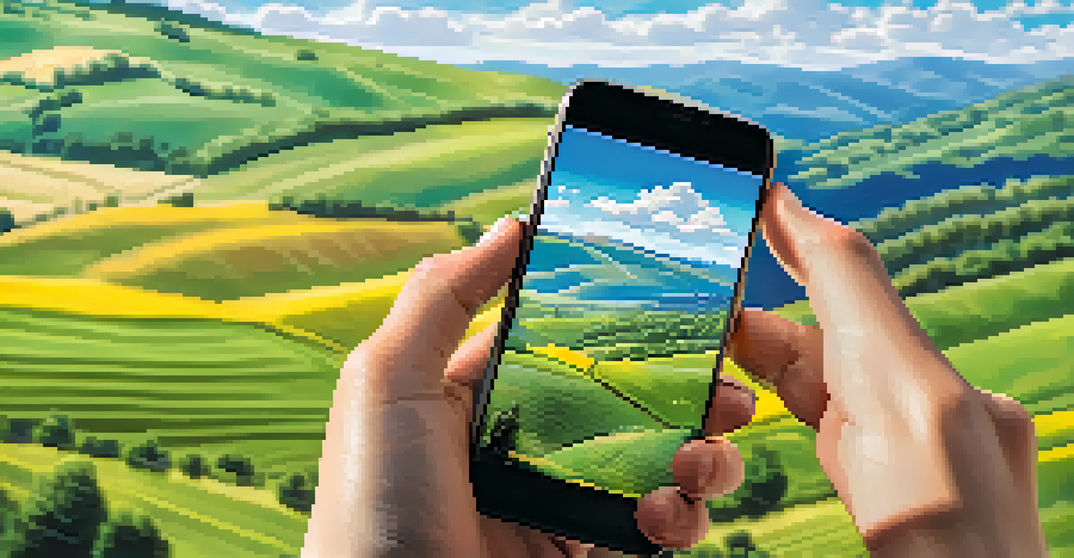 Close-up of a traveler’s hands holding a smartphone, capturing a scenic landscape of rolling hills and a blue sky.