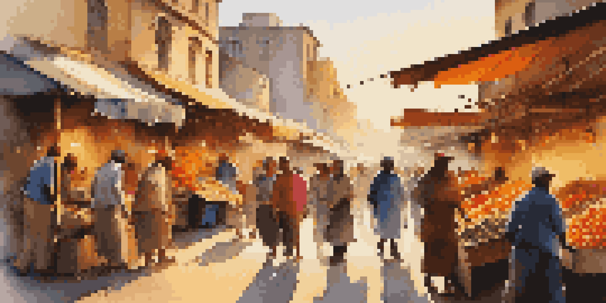 A vibrant market scene filled with colorful fruits and vegetables, with people moving through the stalls during sunset.