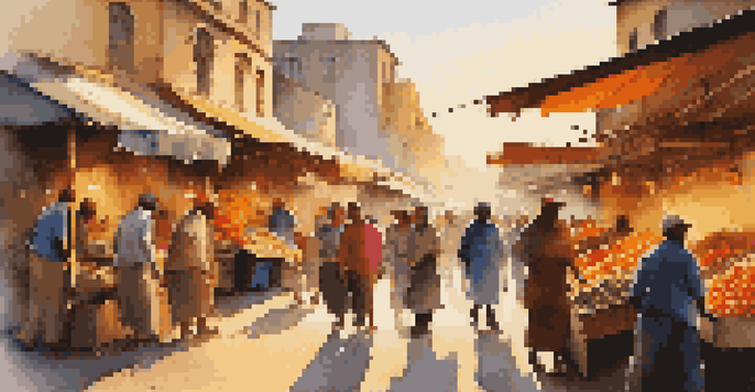 A vibrant market scene filled with colorful fruits and vegetables, with people moving through the stalls during sunset.