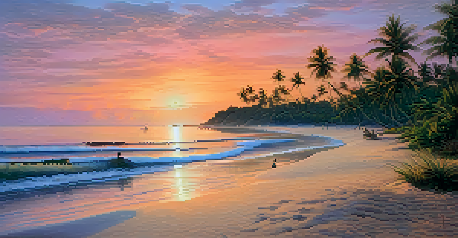 A scenic beach in Bali during sunset, with palm trees and a local Balinese ceremony taking place.