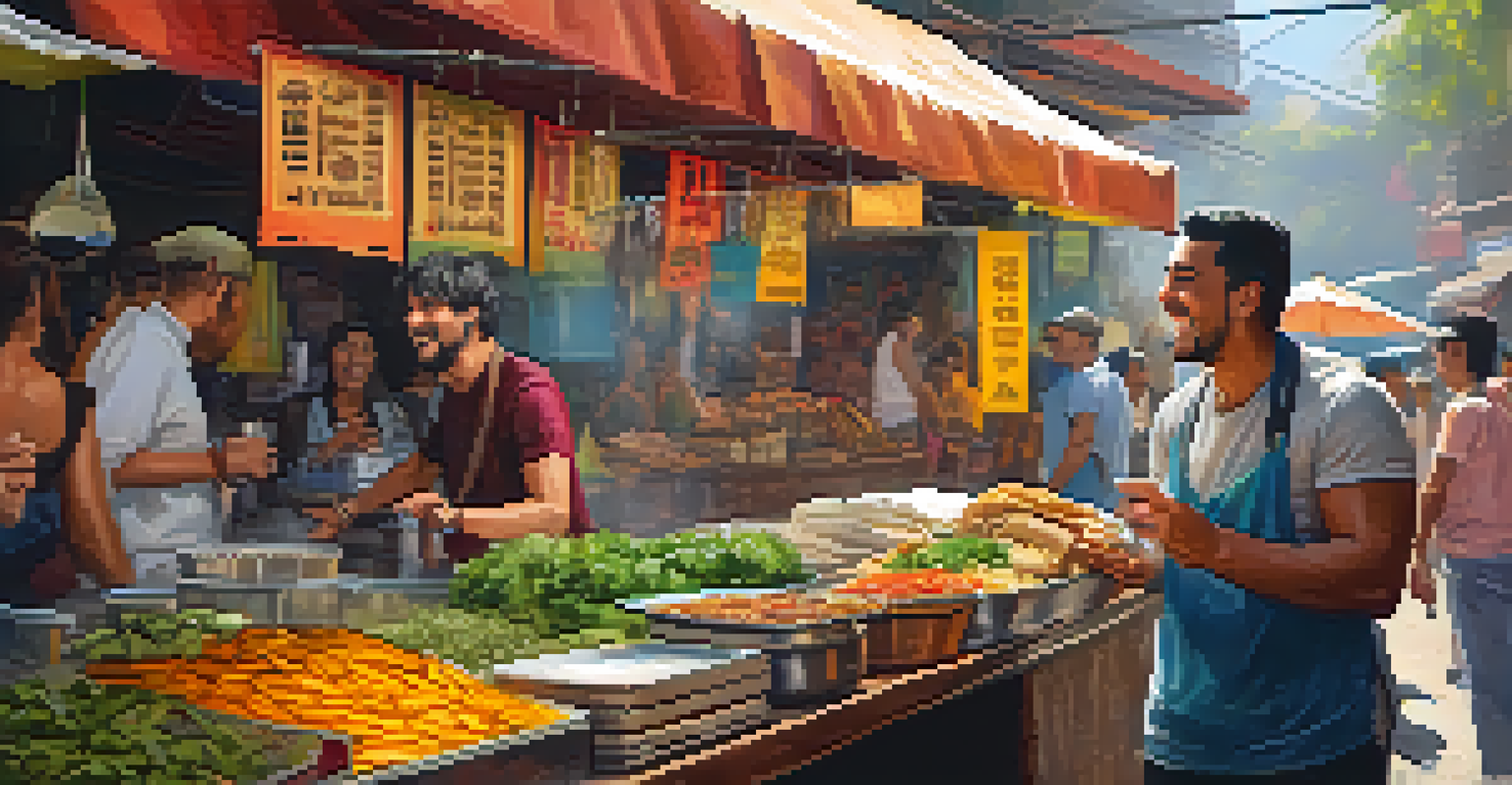 A traveler speaking with a local vendor at a vibrant street food stall offering vegan options.