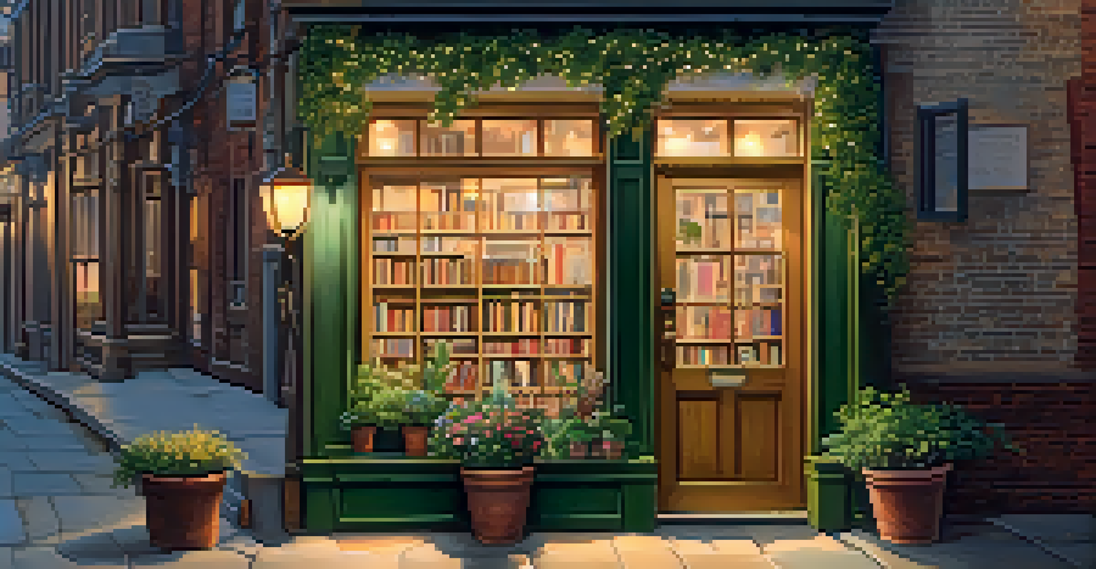 A cozy and inviting bookstore located in a narrow alley, decorated with fairy lights and surrounded by plants, creating a warm atmosphere.