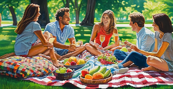 A small group of friends having a picnic in a green park, with sunlight filtering through the trees and a checkered blanket filled with food and drinks.
