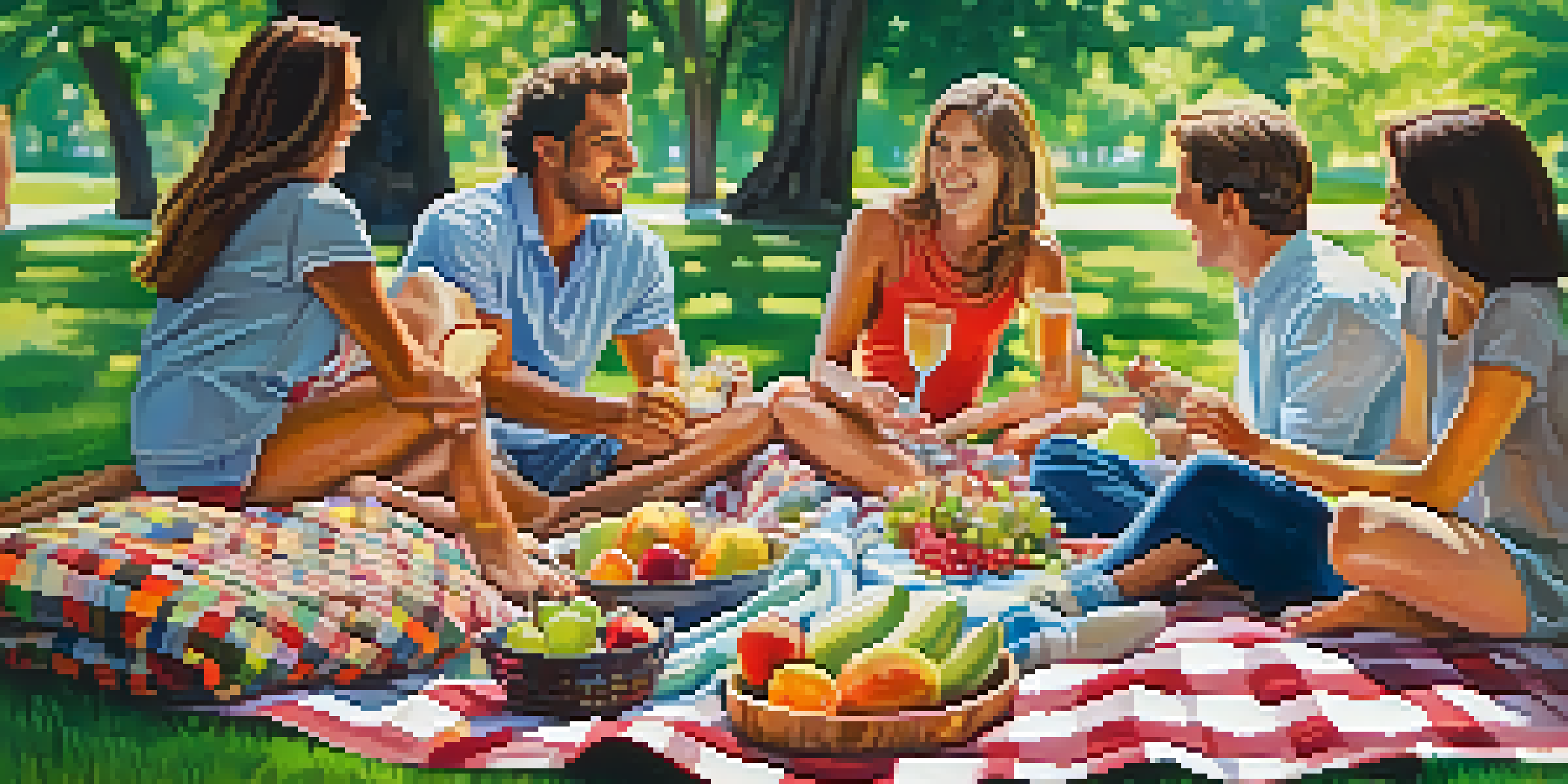 A small group of friends having a picnic in a green park, with sunlight filtering through the trees and a checkered blanket filled with food and drinks.