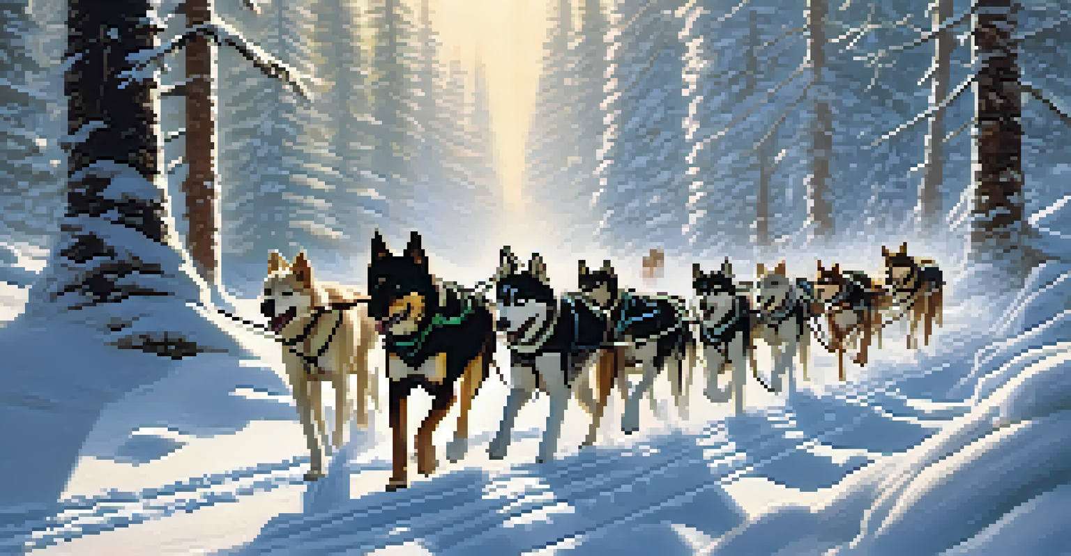 A musher guiding a team of sled dogs through a snowy forest with tall evergreen trees and falling snowflakes, creating a magical winter scene.