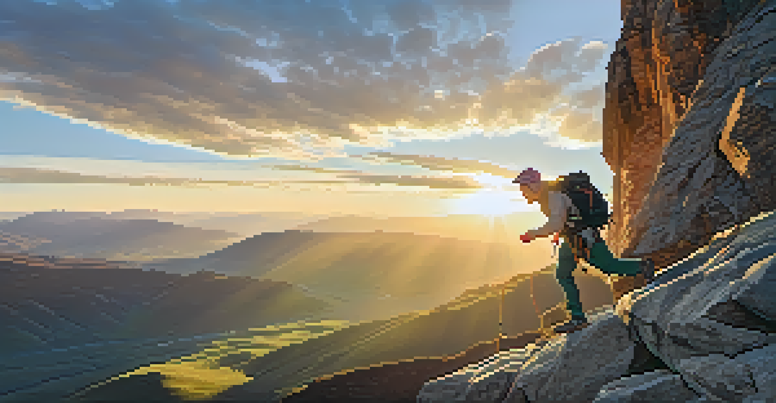 A hiker jumping off a rocky cliff with a sunset backdrop over a vast valley.