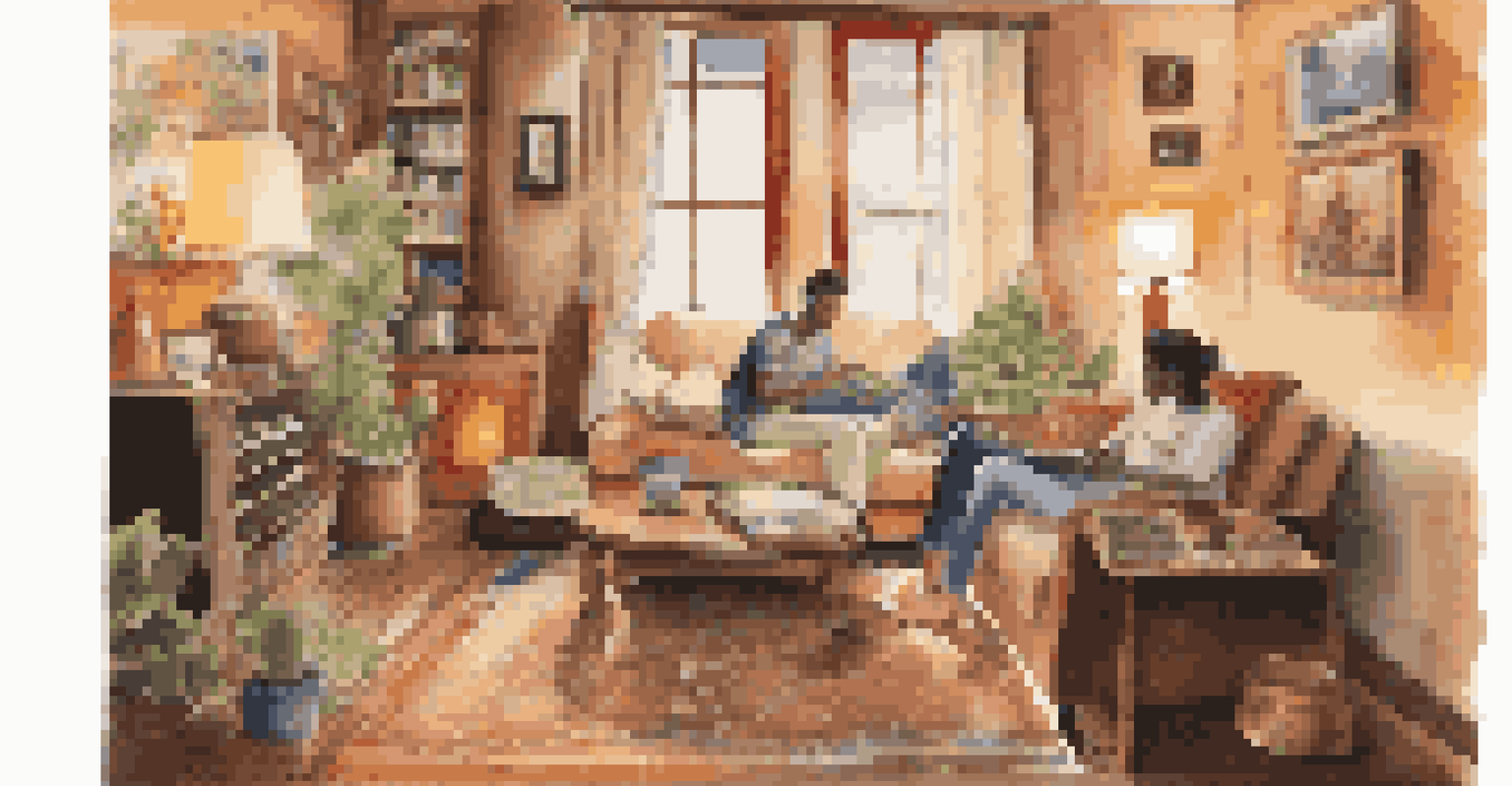 A cultural exchange participant writing in a journal in a cozy living room filled with cultural artifacts, reflecting on their experiences.