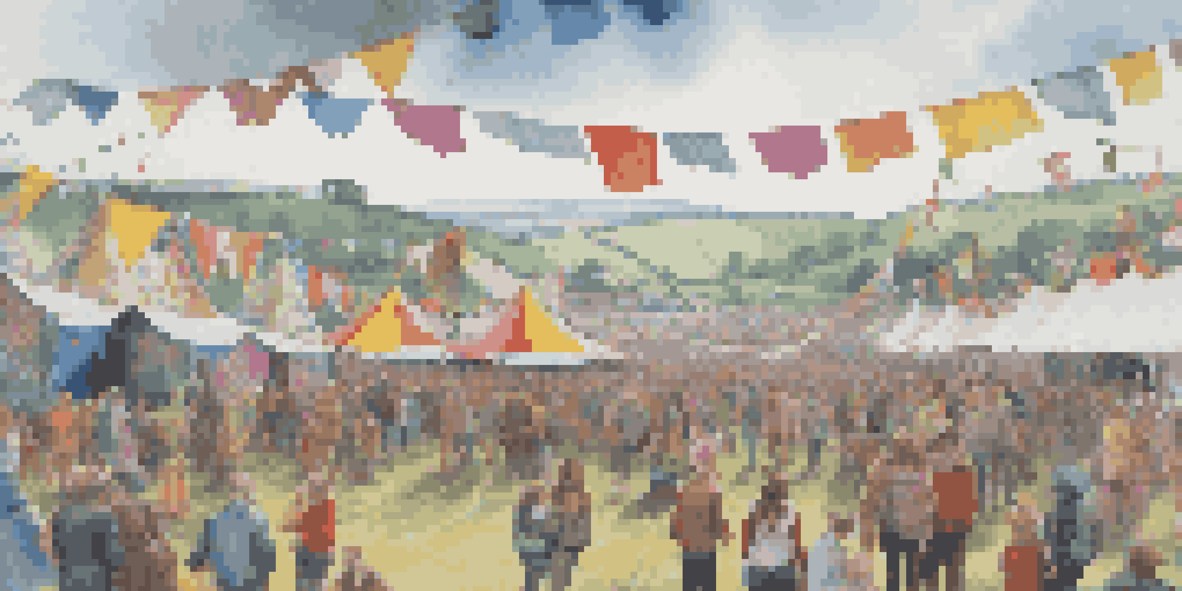 A lively festival scene at Glastonbury with colorful tents, crowds, and musicians performing on stage amidst rolling hills.