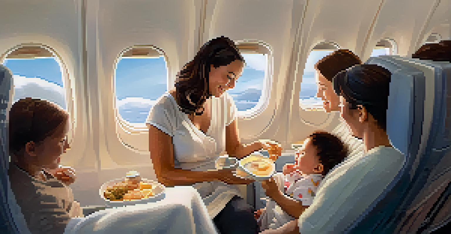 A parent feeding their baby in an airplane cabin during takeoff, with clouds visible through the window.