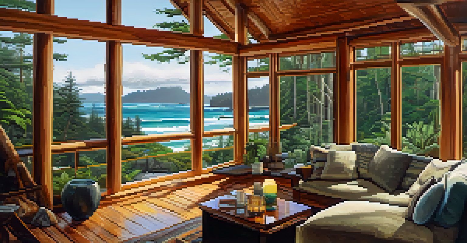 An eco-friendly lodge in a rainforest with large windows and a deck overlooking a tranquil beach and ocean waves.