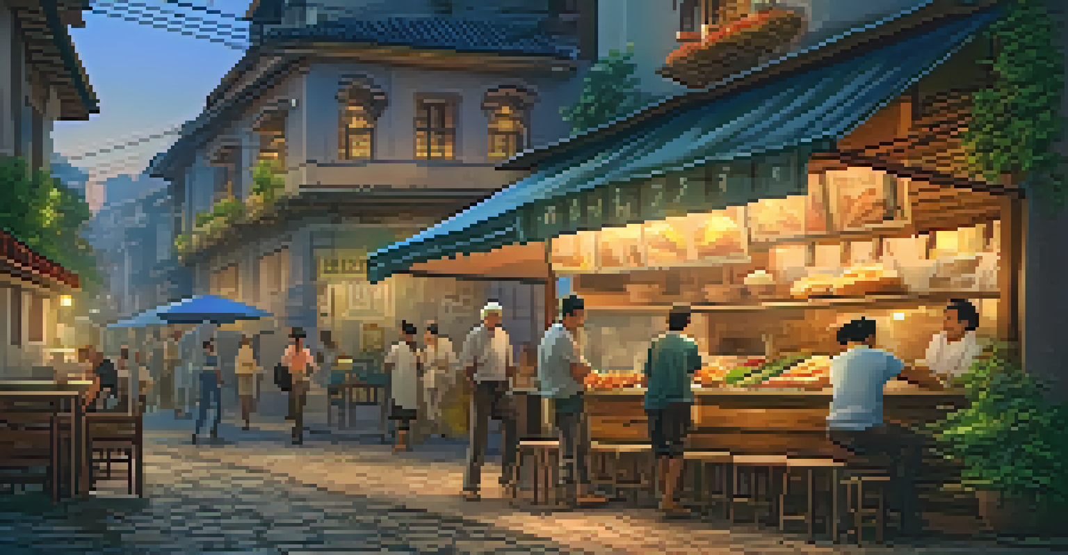 A street food stall at dusk with warm lights, a local guide sharing stories with tourists while they enjoy food.
