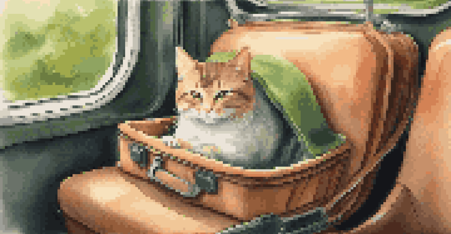 A small cat relaxing in a pet carrier on a train seat, with green landscapes visible through the window.