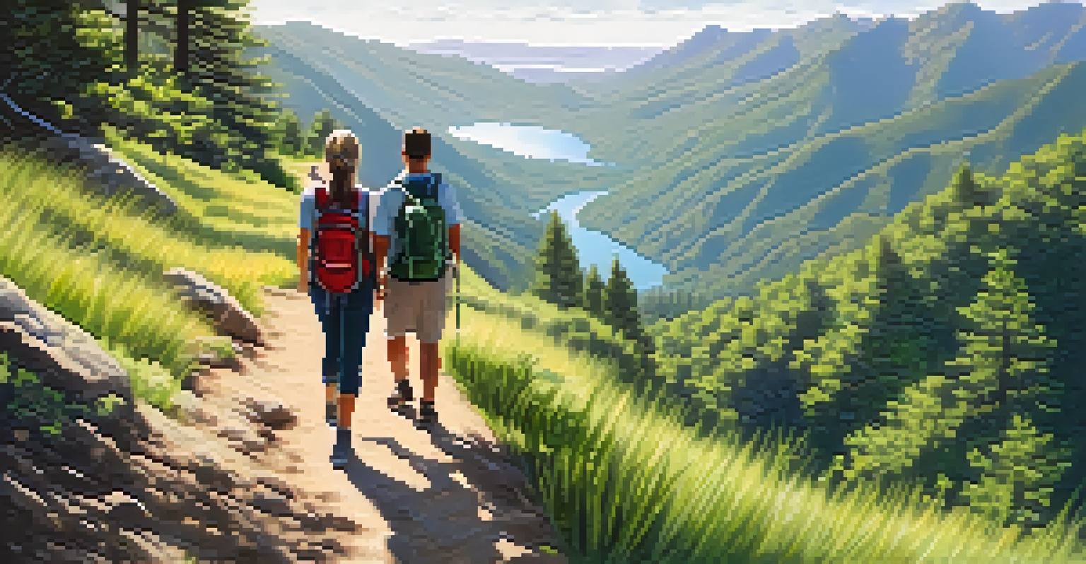 A couple hiking on a mountain trail surrounded by lush greenery and sunlight filtering through the trees.