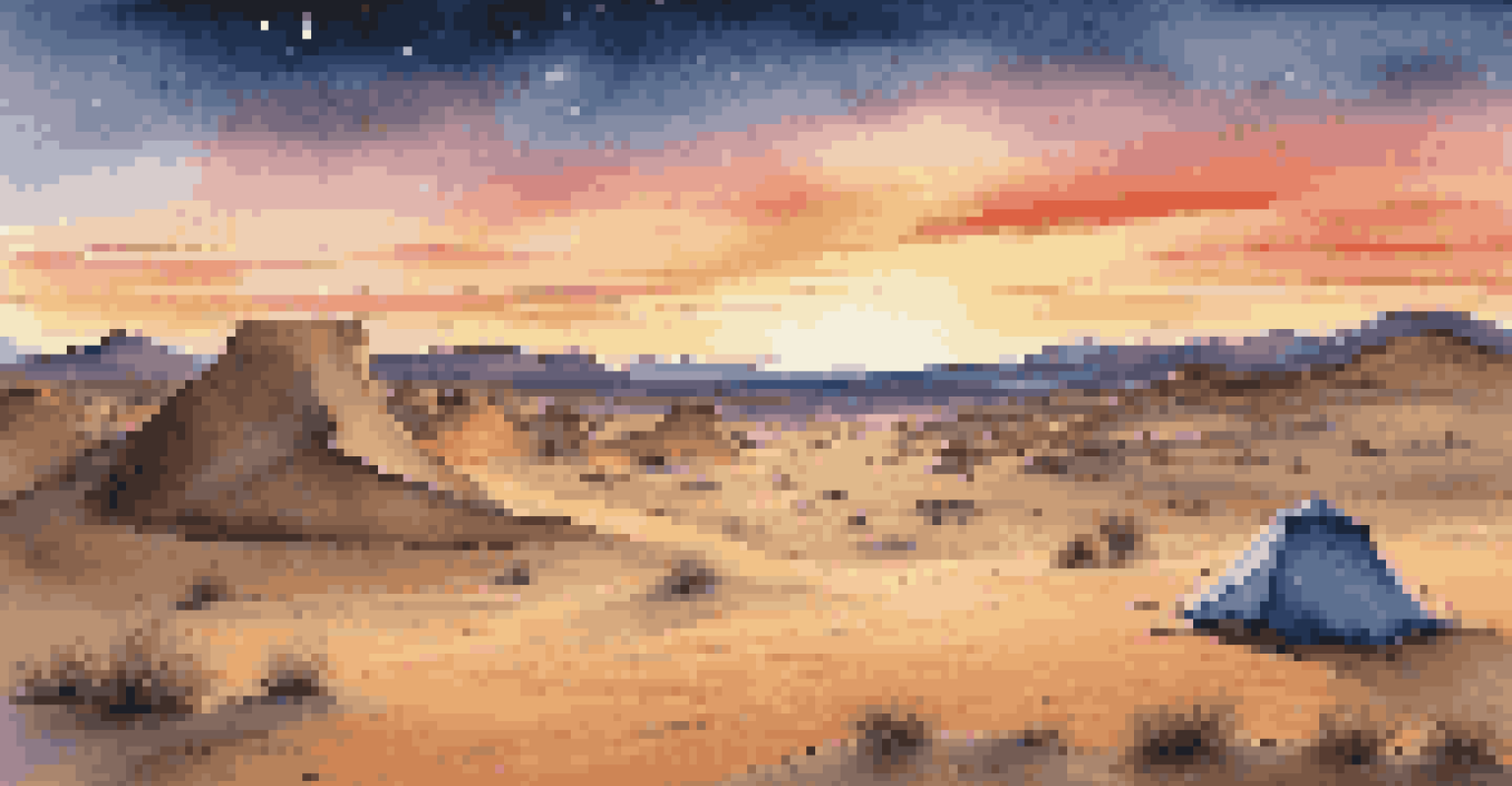 A beautiful desert scene at sunset, with a campsite featuring a tent and campfire against a backdrop of golden dunes.