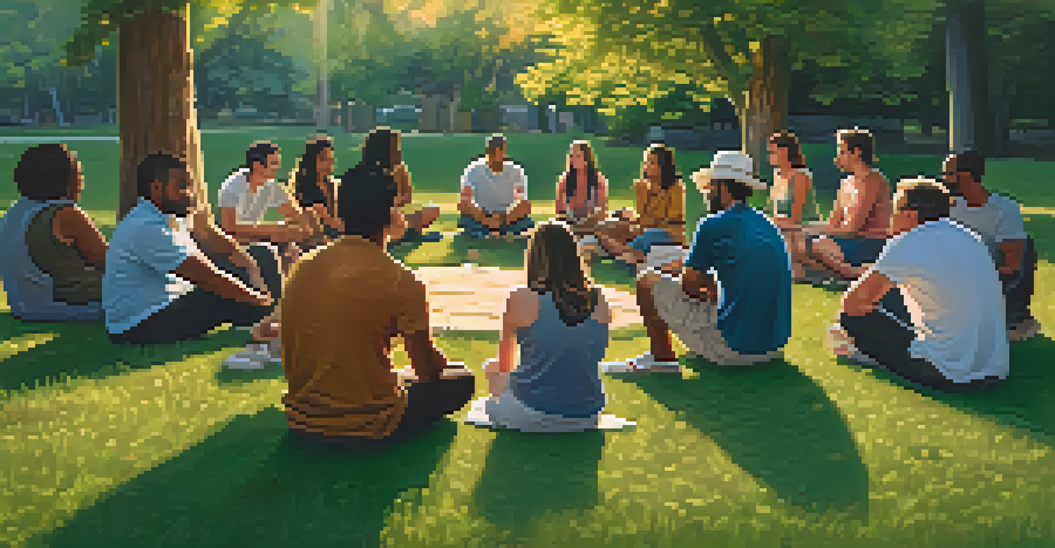 A peaceful gathering of people sharing experiences in a park, emphasizing empathy and understanding in a natural setting.