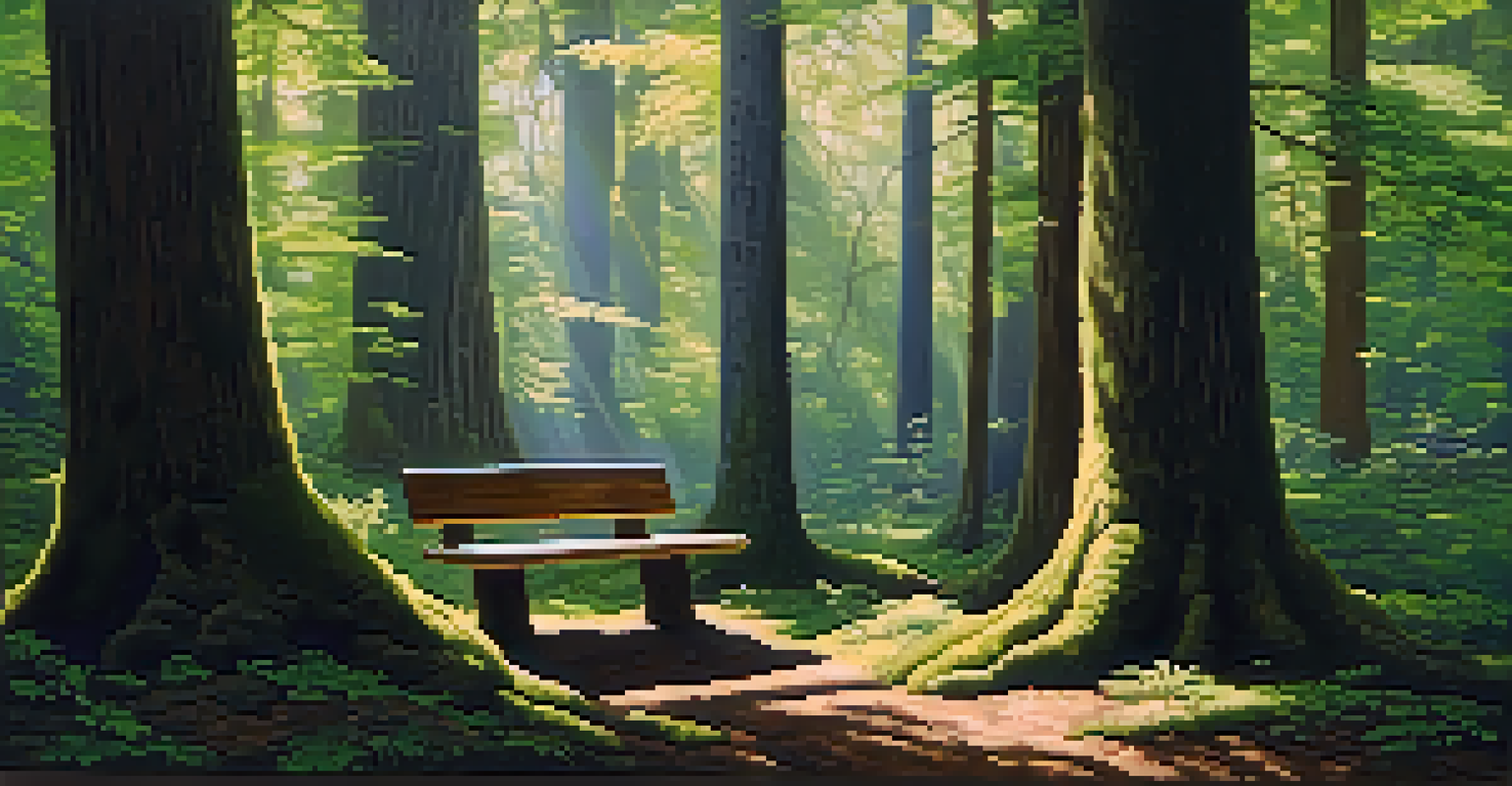 A peaceful forest with tall trees, sunlight filtering through leaves, and a wooden bench on a mossy floor.