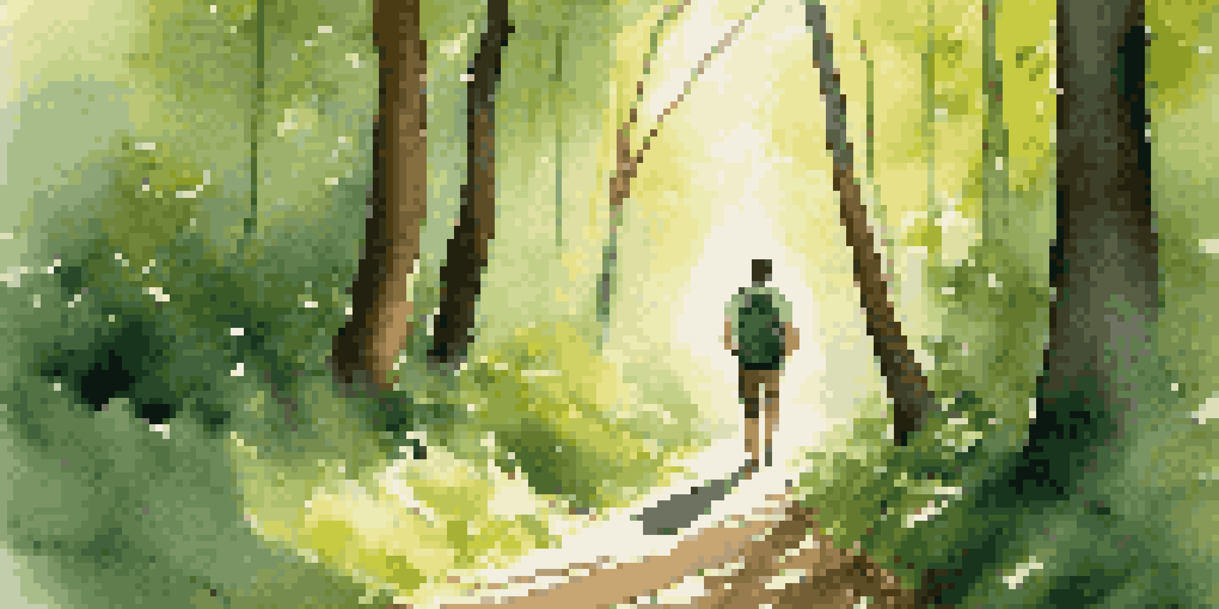 A traveler in a green forest carrying a small backpack, with sunlight filtering through the leaves.
