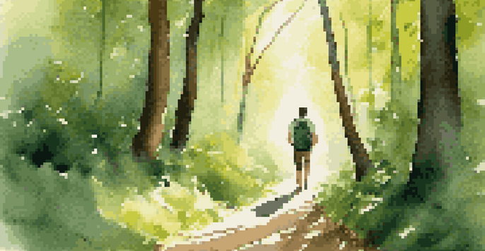 A traveler in a green forest carrying a small backpack, with sunlight filtering through the leaves.