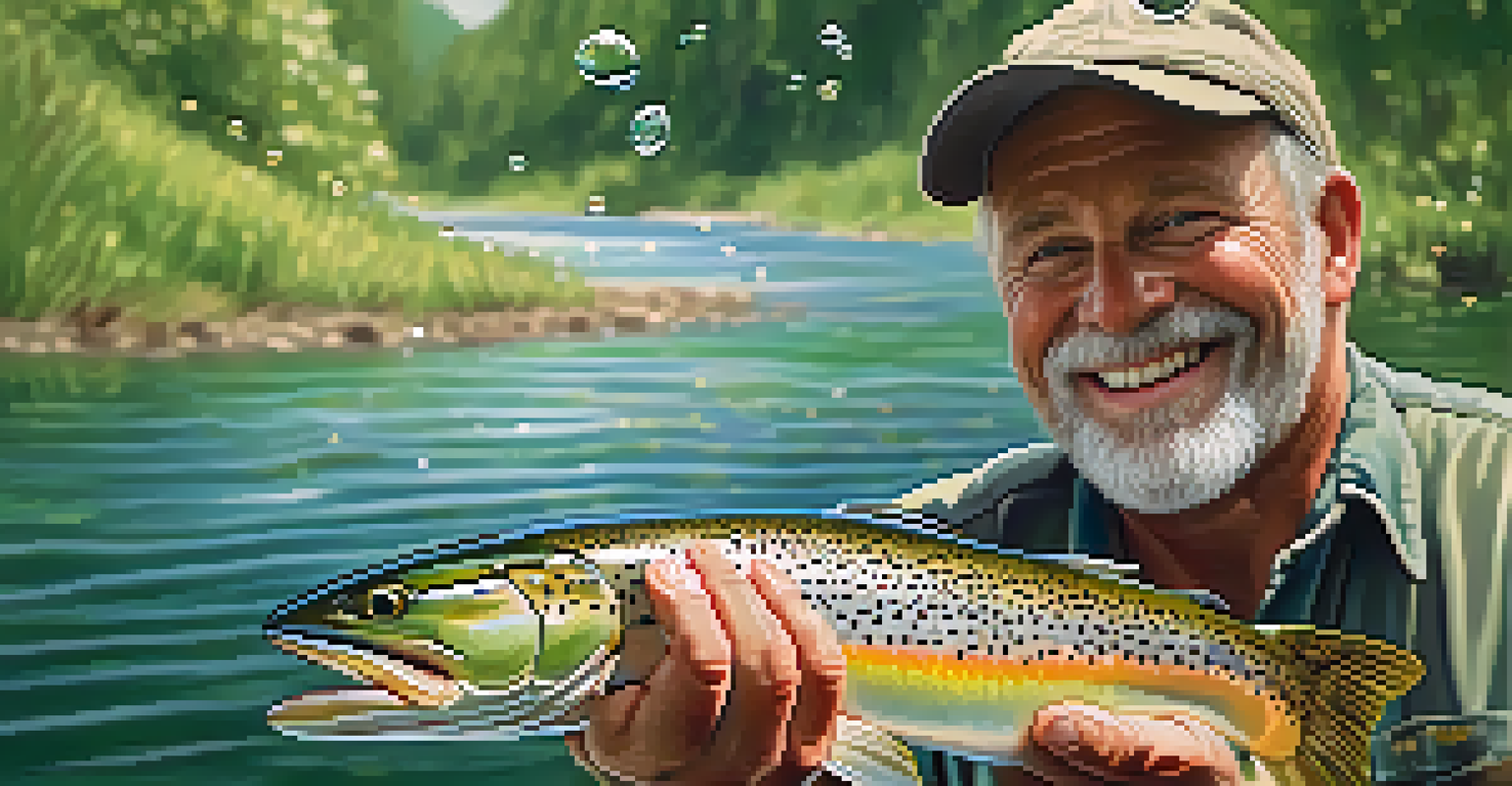 A smiling fisherman holding a freshly caught trout, with a beautiful riverbank in the background.