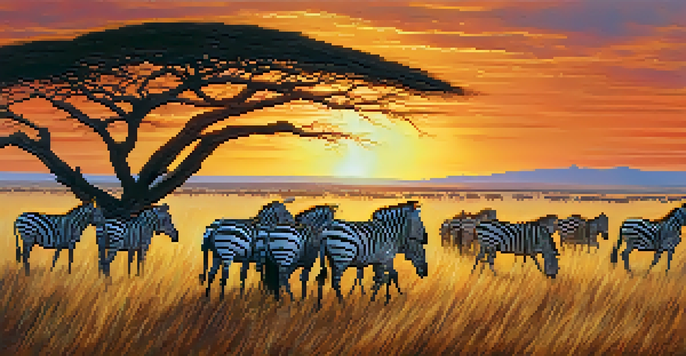 A herd of wildebeest and zebras moving across the Serengeti at sunset, with silhouetted acacia trees in the background.