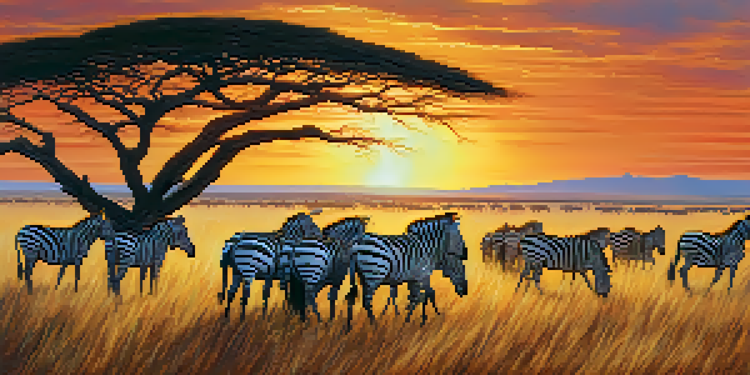 A herd of wildebeest and zebras moving across the Serengeti at sunset, with silhouetted acacia trees in the background.