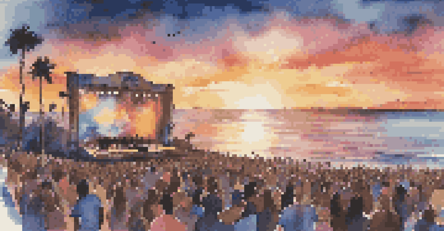 A coastal music festival at sunset, with attendees silhouetted against a colorful sky enjoying a performance with palm trees and ocean waves.