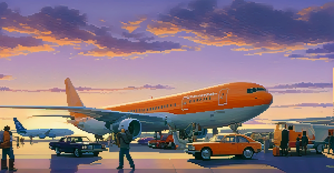 A family at an airport at dusk, pointing towards colorful airplanes on the tarmac with a gradient sky in the background.