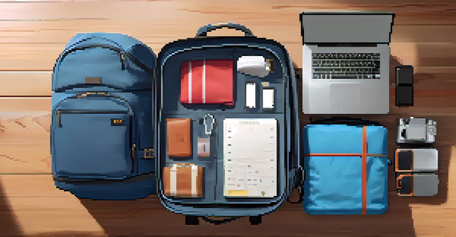 An open travel backpack on a bed, filled with colorful packing cubes containing clothing and toiletries, with a cozy room setting in the background.