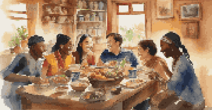 A diverse group of students sharing traditional dishes and stories in a cozy room filled with cultural artifacts.