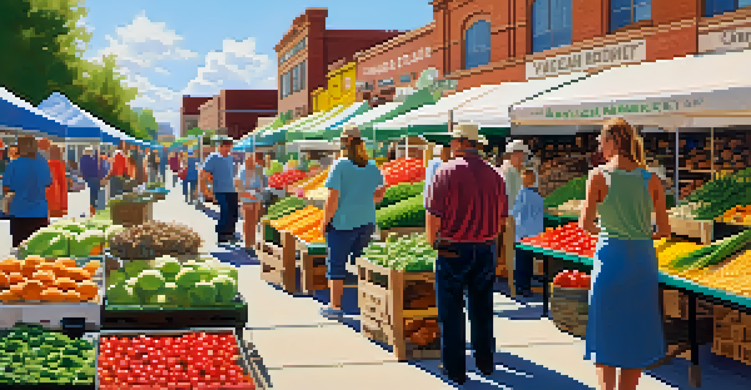A farmers' market scene with fresh produce and vendors promoting vegan options under a sunny sky.