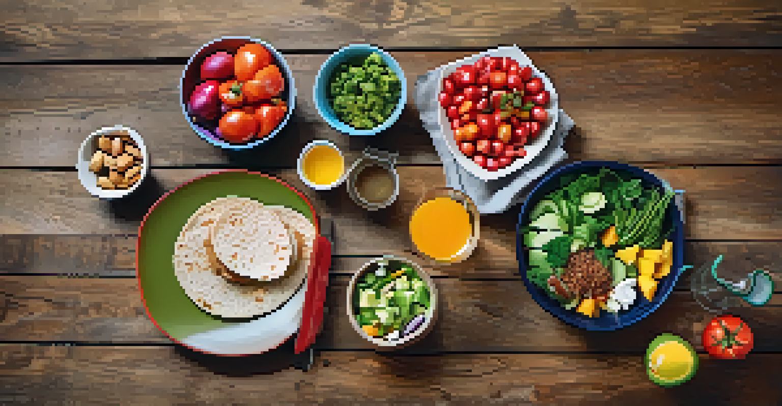 An overhead view of a healthy meal with salad, fruits, and a glass of water on a wooden table.