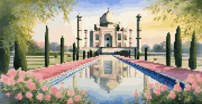 A stunning view of the Taj Mahal illuminated by the sunrise, surrounded by gardens and a reflective pool.