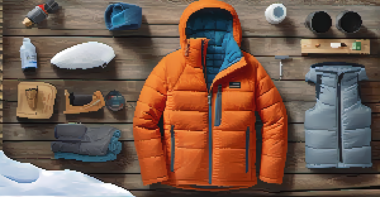 A close-up view of layered clothing for cold weather camping, including a base layer, fleece, and waterproof outer shell on a wooden surface with snow in the background.