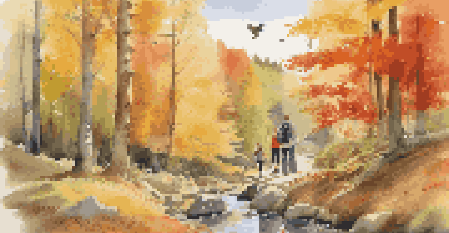A family hiking in a national park during autumn, surrounded by colorful leaves and a stream.