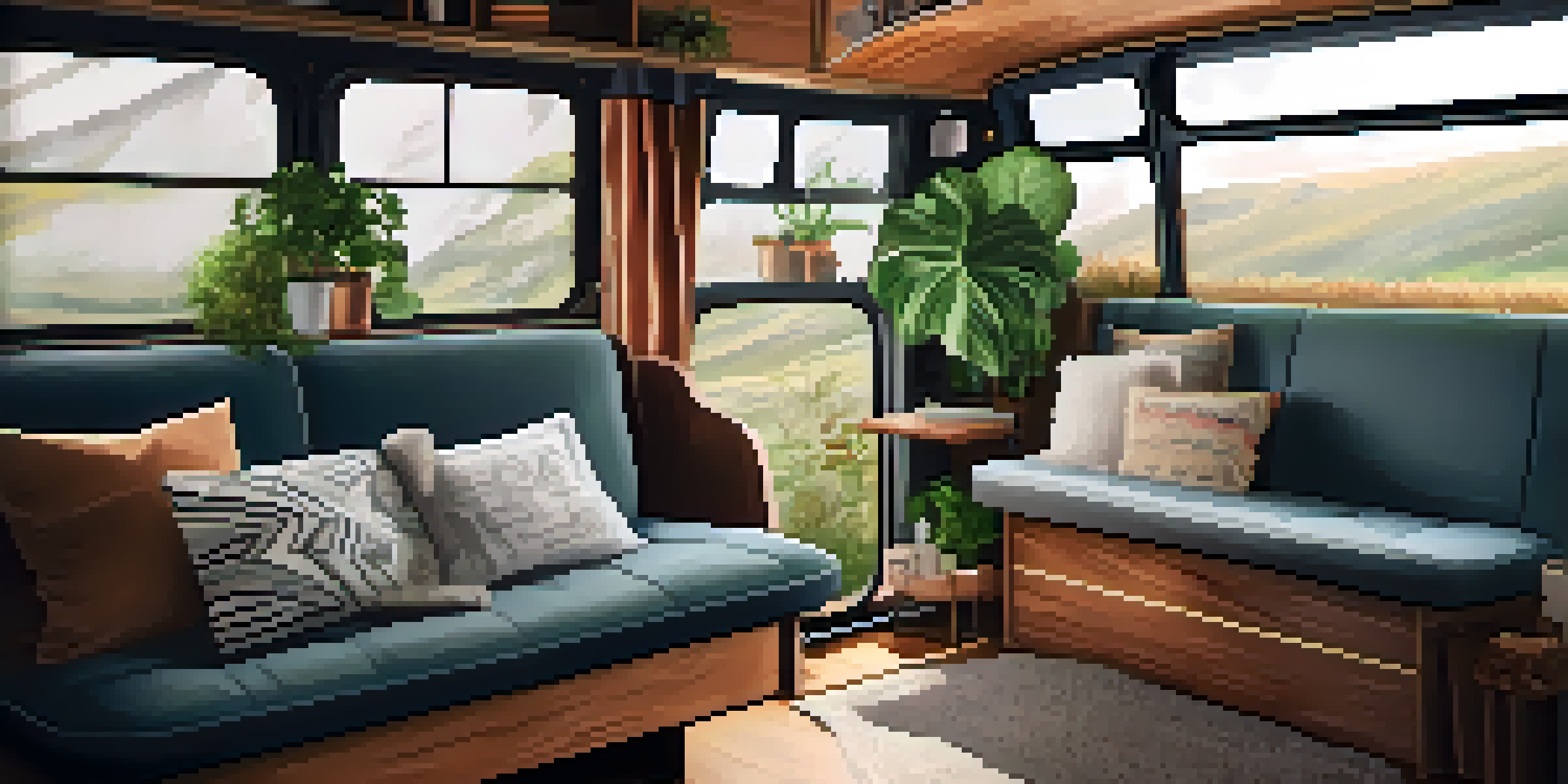 Interior of a cozy van with soft lighting, plants, and personal decorations, creating a warm living space.
