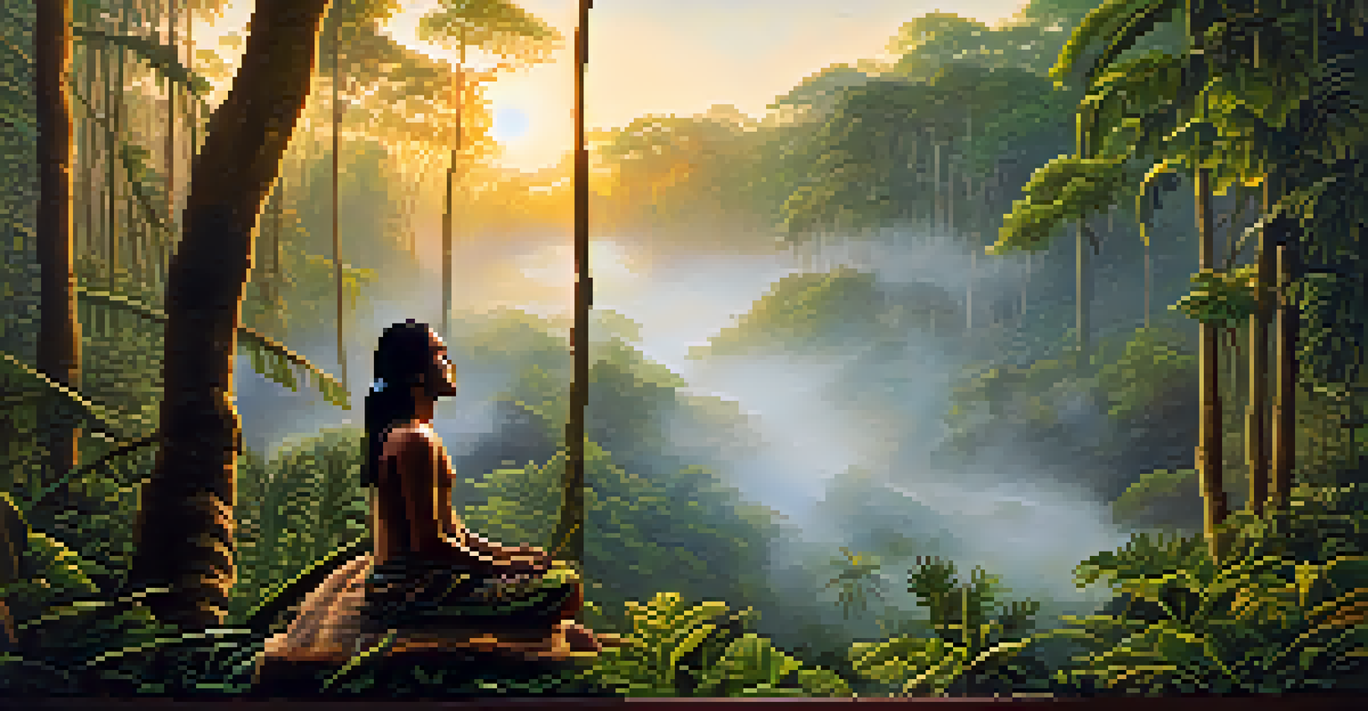 A peaceful Amazon rainforest at sunrise with an indigenous person participating in a spiritual ceremony amid lush greenery.
