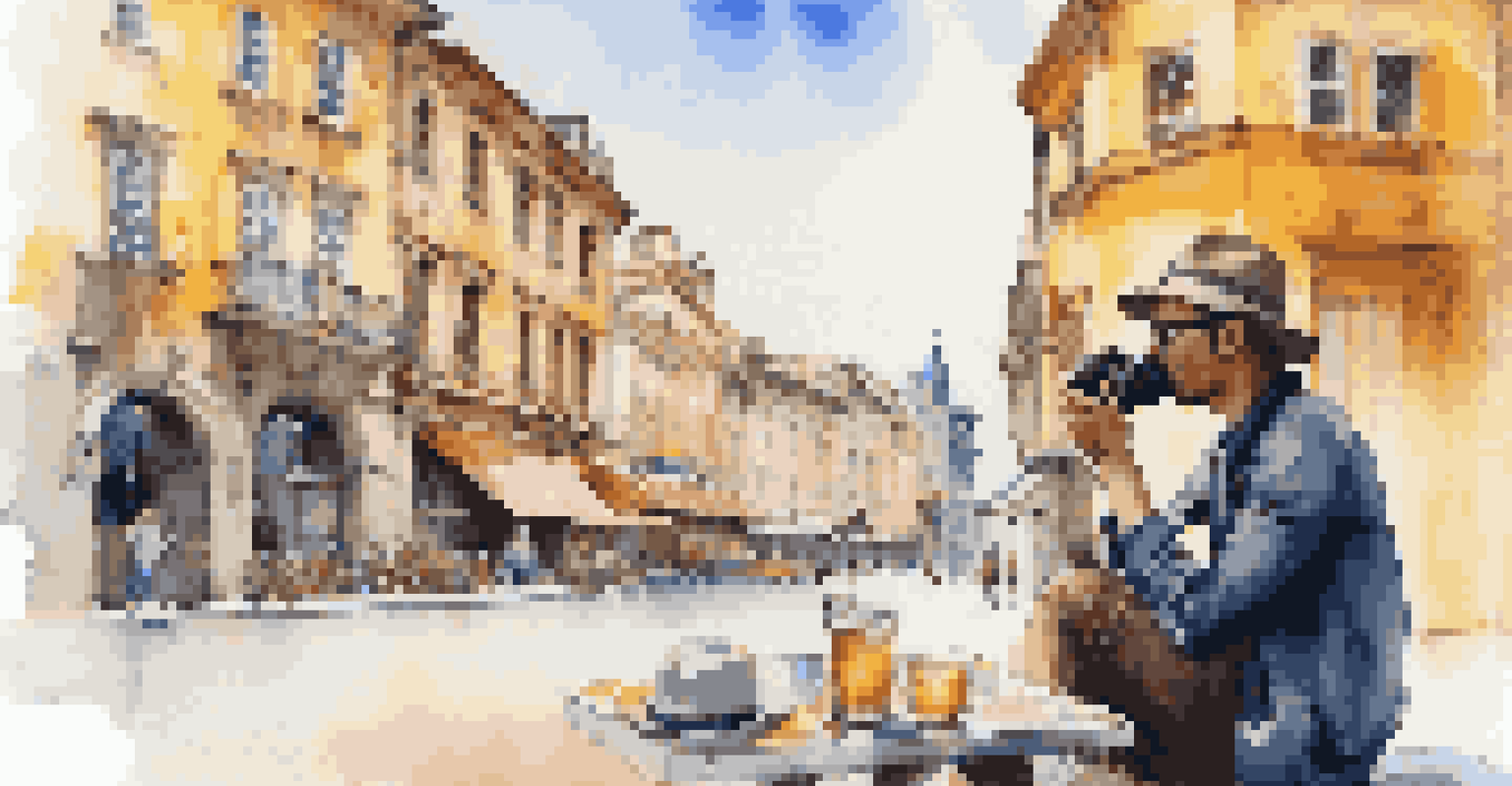 A traveler relaxing at a café in a lively city square with historic buildings and street art.