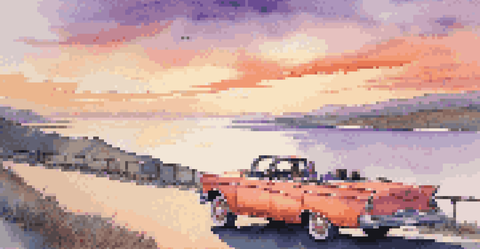 A scenic coastal road with a vintage car parked at an overlook, a couple taking photos of a sunset with vibrant colors in the sky and calm ocean waters.