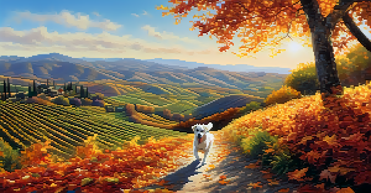 A dog running on a hiking trail surrounded by autumn leaves and vineyards.