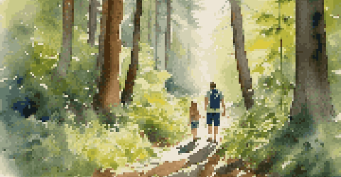 A family of four hiking in a national park, with children picking up litter and parents observing wildlife, surrounded by lush greenery and sunlight filtering through the trees.