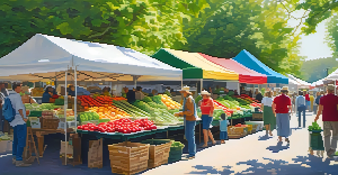 A lively farmers' market with fresh fruits and vegetables, local vendors, and shoppers enjoying the sunny day.