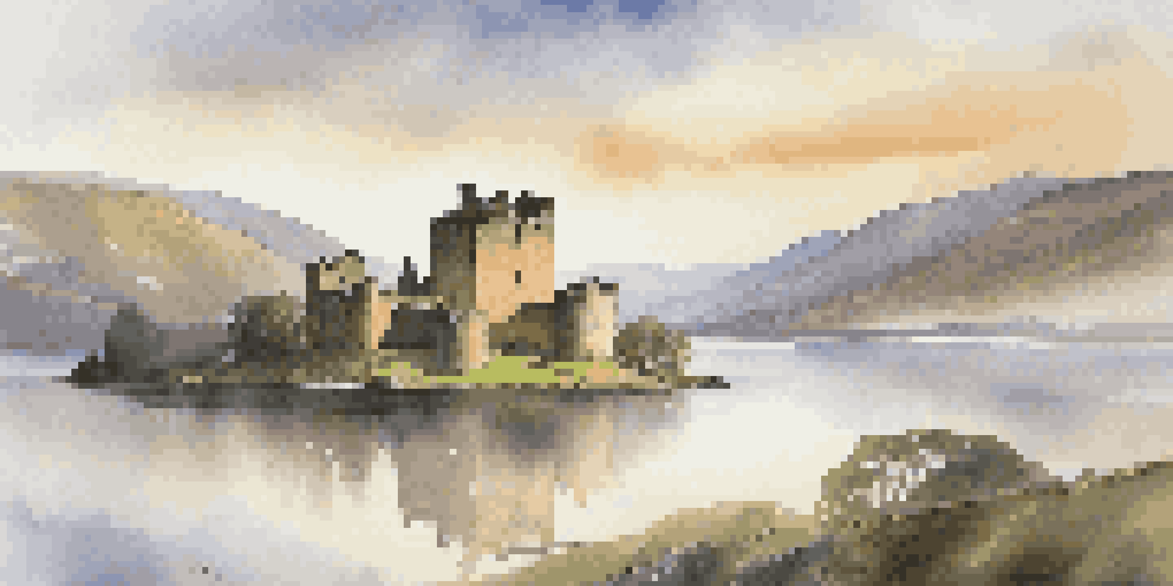 A scenic view of Urquhart Castle beside Loch Ness during sunrise, with mist over the water and golden light illuminating the ruins.