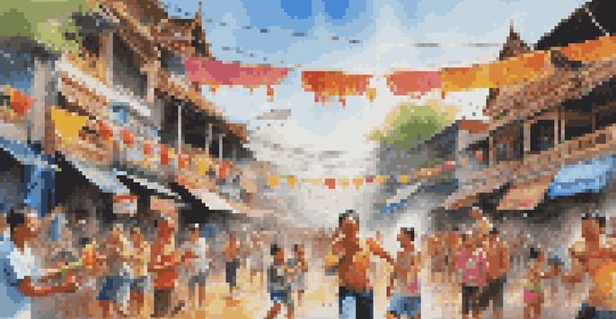 A lively street scene during the Songkran festival, with people enjoying water fights and colorful splashes.