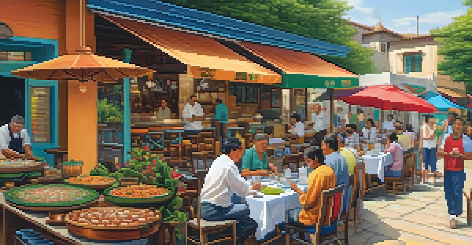 A lively local restaurant with outdoor seating, featuring traditional dishes and local chefs at work.