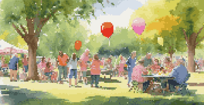 A lively family reunion in a park with diverse family members enjoying a sunny day and colorful decorations.