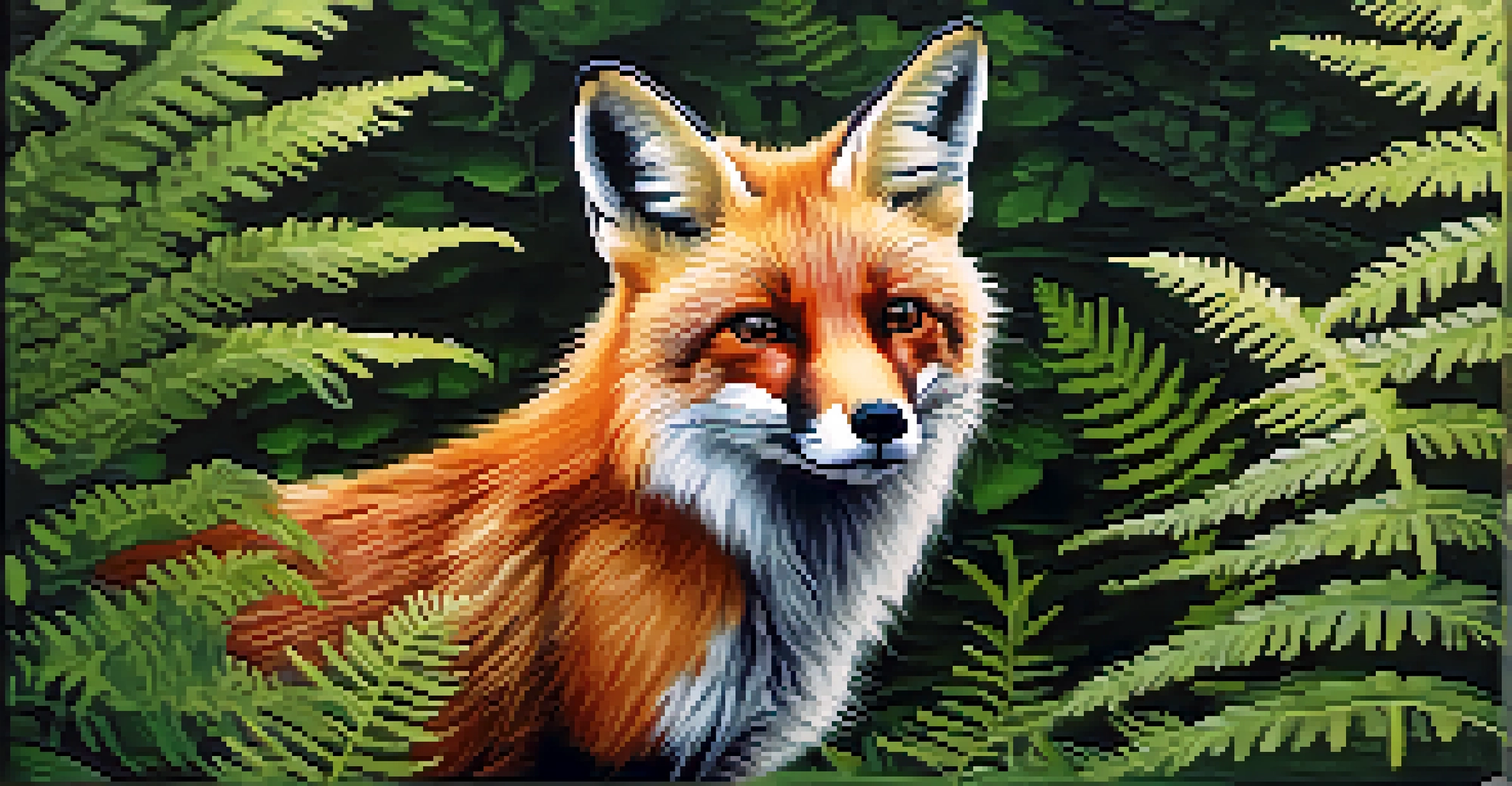 A close-up of a red fox alert in a lush green environment with ferns, illuminated by sunlight.