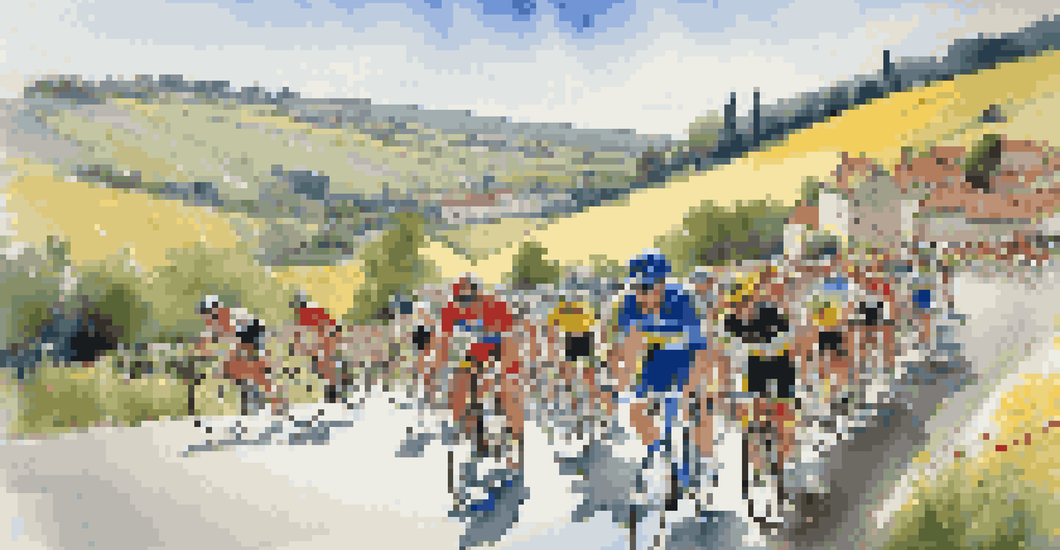Cyclists in the Tour de France racing through beautiful French countryside with cheering spectators.
