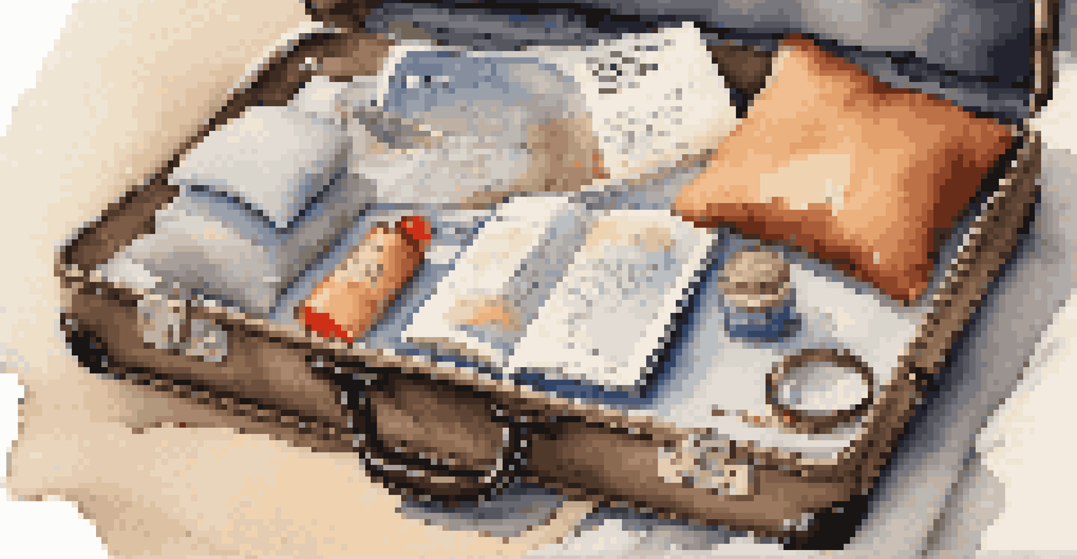 A sleep kit for travelers including a sleep mask and earplugs on a bed next to an open suitcase.