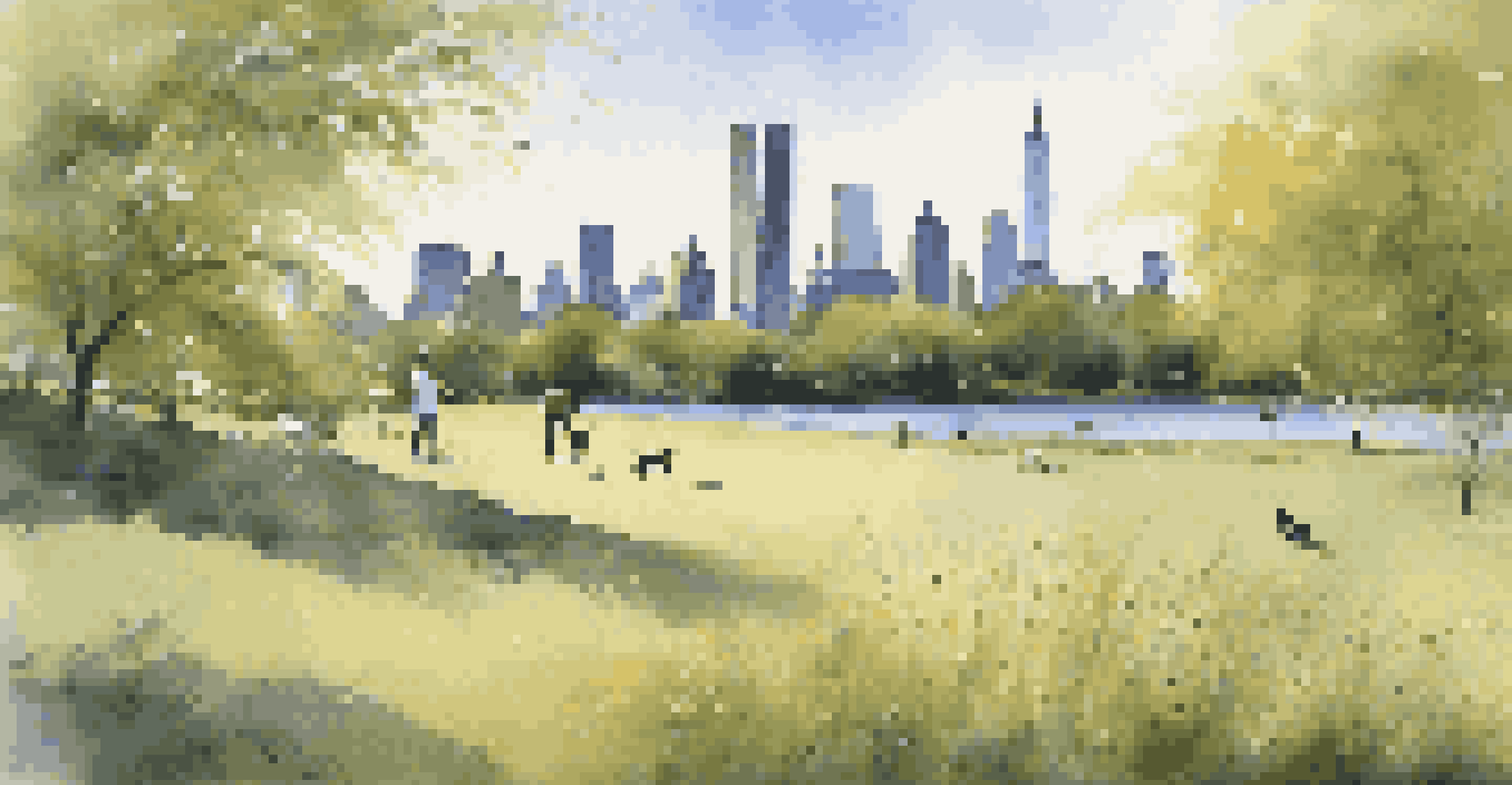 A dog catching a frisbee in Central Park, with the New York City skyline in the background and a sunny day atmosphere.